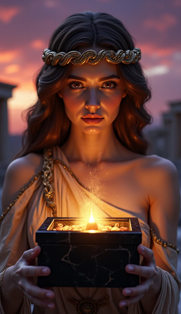 Greek Goddess Hestia holding a small pot with fire wearing white dress and red cape with hood and crown with golden necklace and bracelet, front view and HALF BODY. And broken palace background 