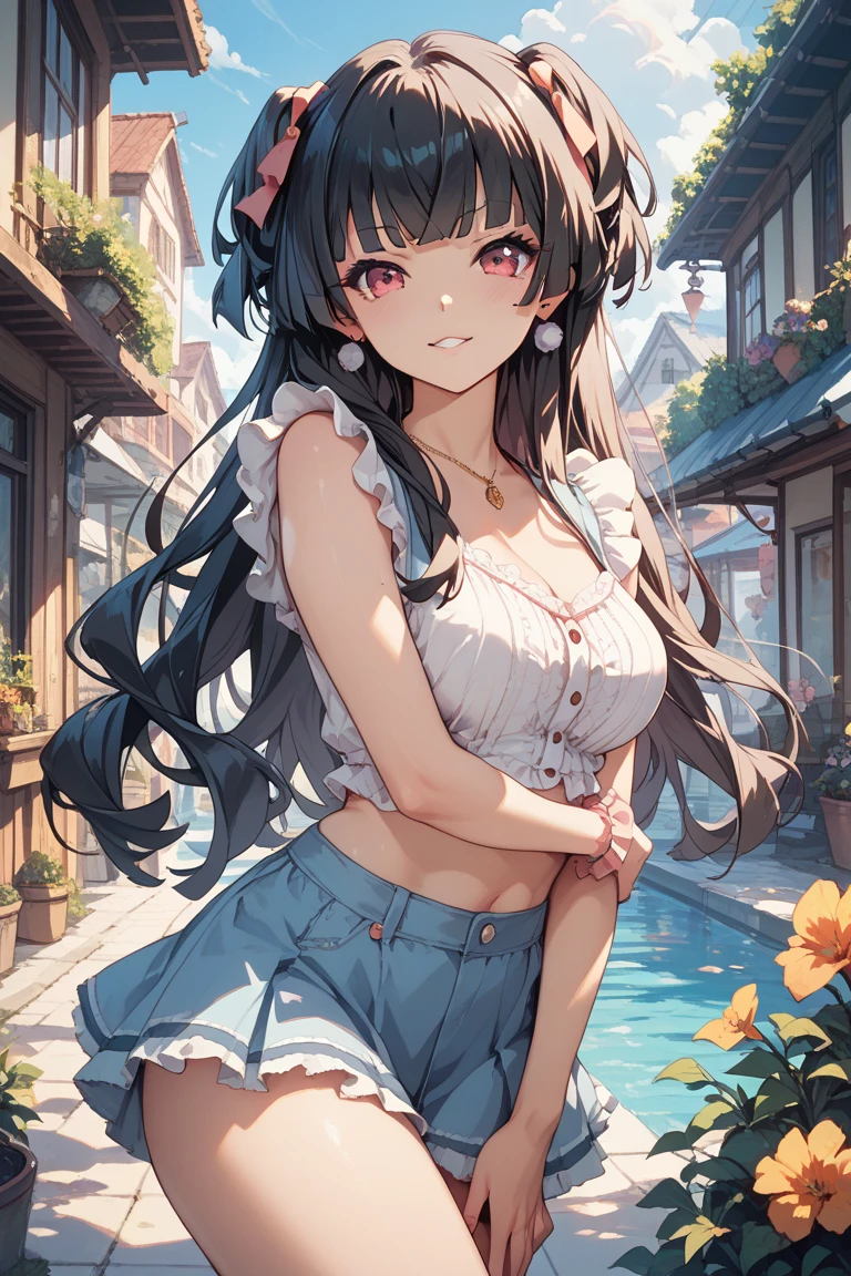 highest quality, masterpiece, from below, long hair girl, White sleeveless short dress with black lace on the chest, looking at the viewer, panties, garden, enchanting smile, open your mouth,