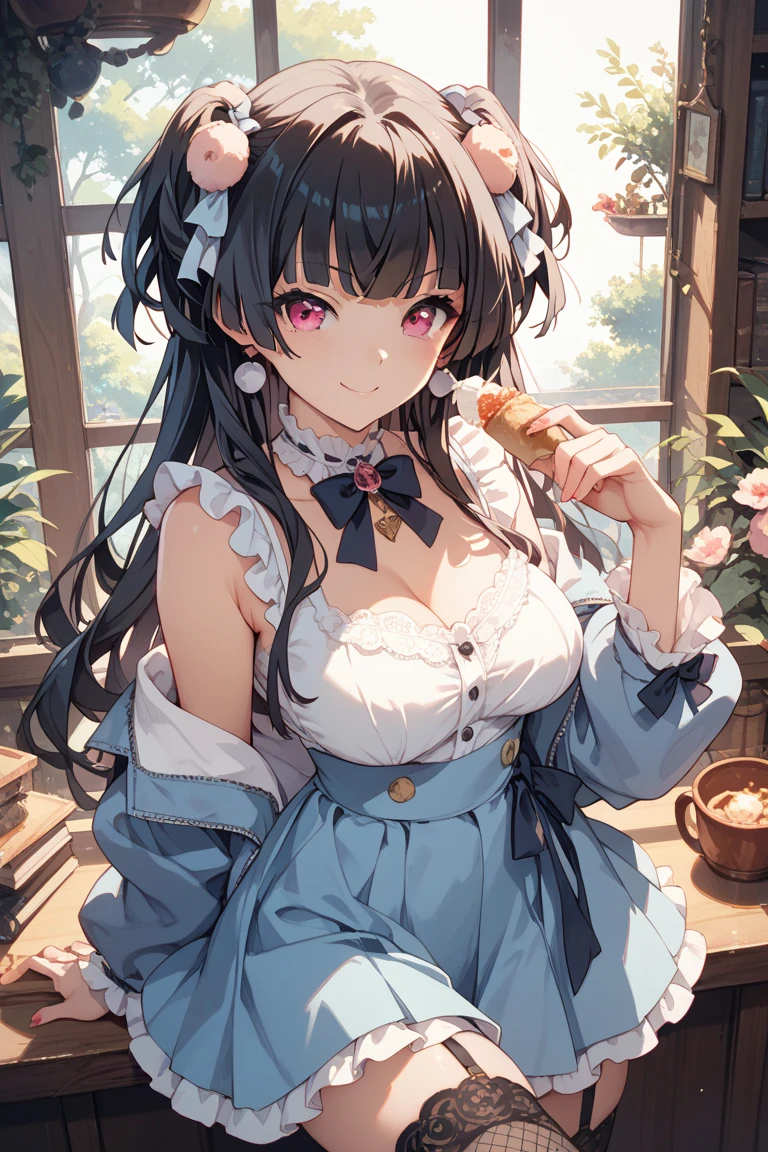 One young and beautiful woman,(Highest quality,Extremely detailed depiction,Incredibly absurd high resolution,Anatomically accurate depiction,Nice hands,Perfect Fingers,Curvy Legs),(Glowing Skin,Glossのある肌),(Sexy Idol),(Idol Costumes,Cute hairstyle,tights,Choker of Hearts,boots,Gloss),eyelash,(Pink Eyes,There is cleavage in the chest,Glossのある口紅,Mouth open),Eating a donut with relish,whole body,background:Inside the cafe