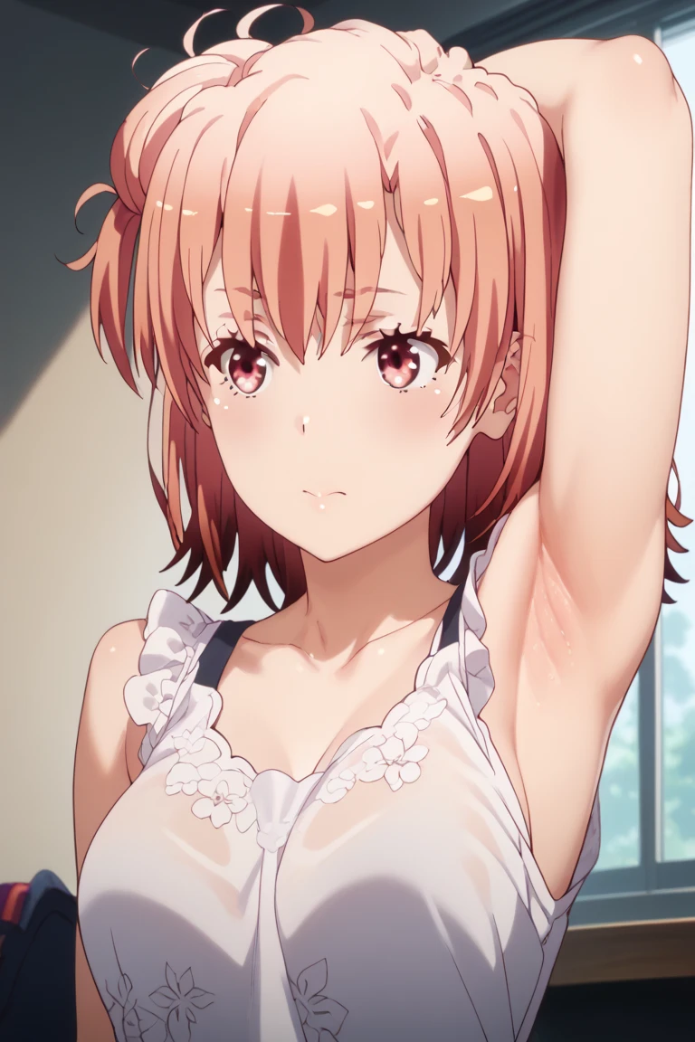 ((masutepiece, Best Quality, hight resolution, nffsw, Perfect Pixel, depth of fields, 4K, )), 1girl in, Solo, , Beautiful anime girl, Beautiful Art Style,
very low view angle:1.3, view from below:1.5, sky from below:1.5, living room background,
Perfect body, bite lips:1.5 portrait:1.4,
Yuigahama Yui, Hair bun, short hair, large breasts,
Full face blush, red face,
straight on:1.3, medium shot