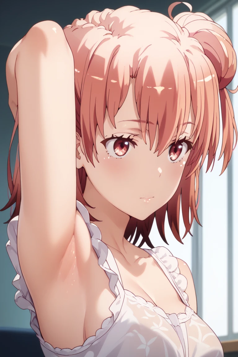 ((masutepiece, Best Quality, hight resolution, nffsw, Perfect Pixel, depth of fields, 4K, )), 1girl in, Solo, , Beautiful anime girl, Beautiful Art Style, 
very low view angle:1.3, view from below:1.5, sky from below:1.5, bathroom background, 
Perfect body, smile face:1.5 shot from below:1.4, full body:1.5, pink stockings, pink lingerie:1.5,
Yuigahama Yui, Hair bun, short hair, medium breasts, Full face blush, red face, 
straight on:1.3, medium shot