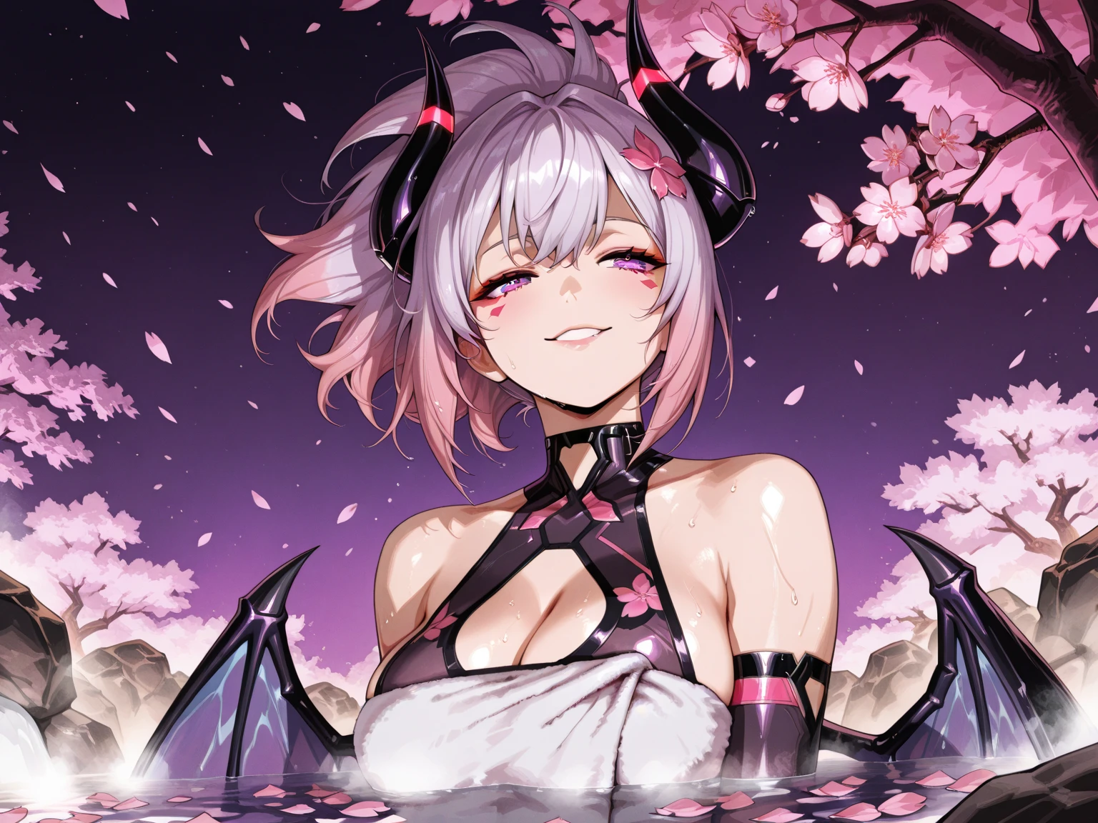 shuten douji,(Absurd, 8K, 4K, Tabletop, Extremely detailed:1.2), Highest quality, Perfect Anatomy,Perfect Face,Browsing Caution,Young girl,Purple eyes,Look forward,short hair,Purple Hair,(Devil horns:1.1),Purple kimono,(Very flat chest:1.3),in the forest,cherry blossoms,shrine