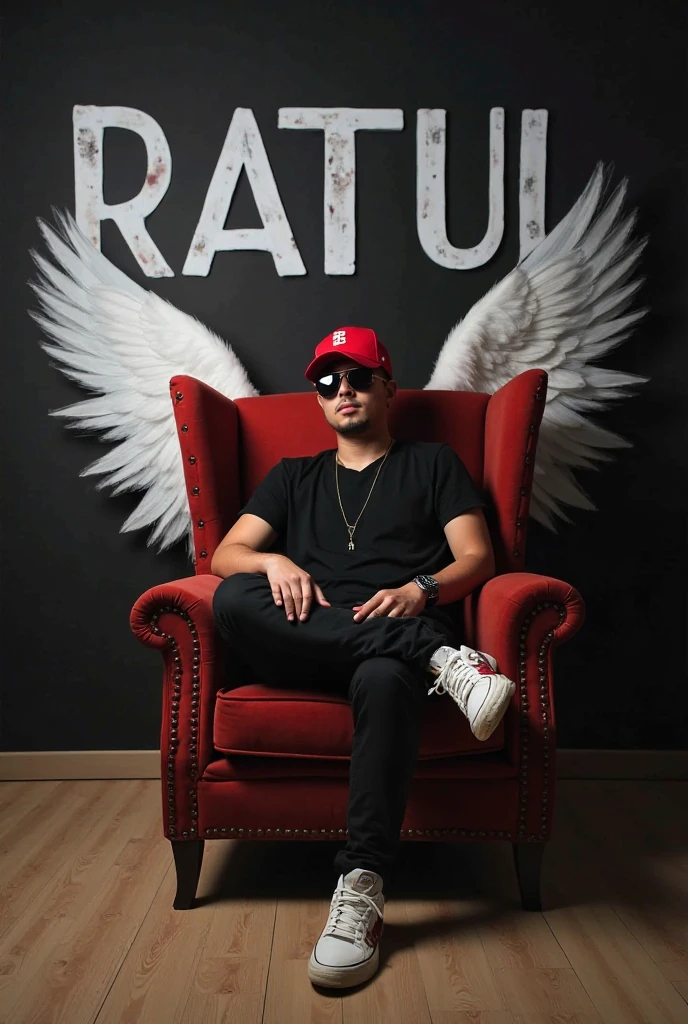 " Create a 3D illusion for a profile picture where a 2 cute boy in a red shirt Sitting casually on a Wingback chair. Wearing sneakers, a black cricket cap, and sunglasses, he looks ahead. ahead. The background features "MR RANA" in big and capital white fonts on the dark grey wall. There should not be his shadow, and there are wings to make it appear as if he is an angel. "