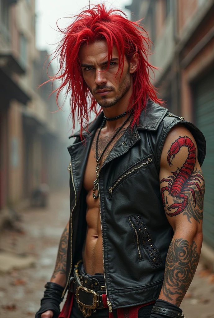 Create a character that is a raptor in human form, his hair is red and medium long, his eyes are blood red, he has no shirt, he only wears long bustier pants, and he has not much muscle but it is quite noticeable, no has a beard