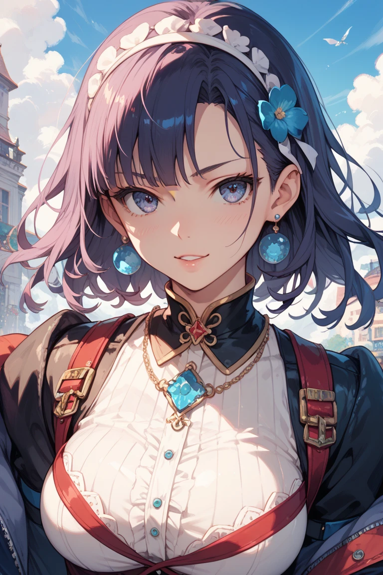 (Close-up of a woman)、((Depiction of only the upper body))、10 generations of women、Pink Lip Gloss、smile、blush、(Open the lipstick a little、High resolution、16K))、Medieval city