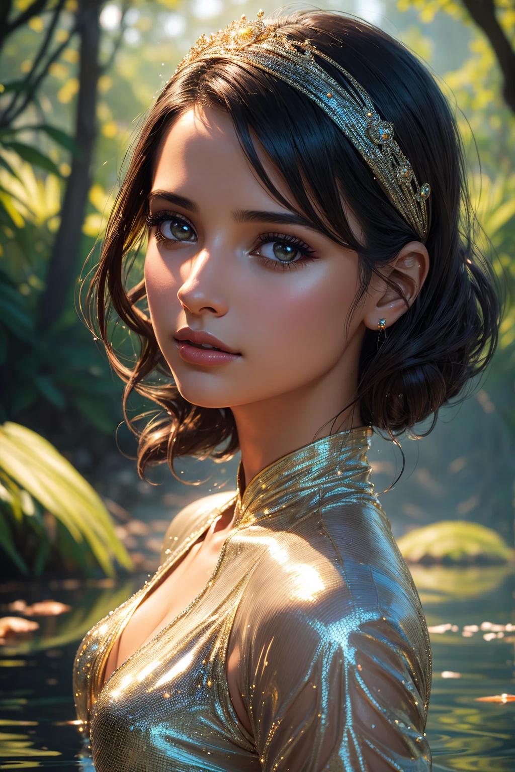 portrait Camren Bicondova, wearing cheetah costume, against the background of the rainforest, character portrait, 4 3 9 0 s, curly hair, intricate, elegant, highly detailed, digital painting, artstation, concept art, smooth, sharp focus, illustration, art by wlop, charlie bowater and alexandra fomina, 36k, glittering, shining, correct anatomy