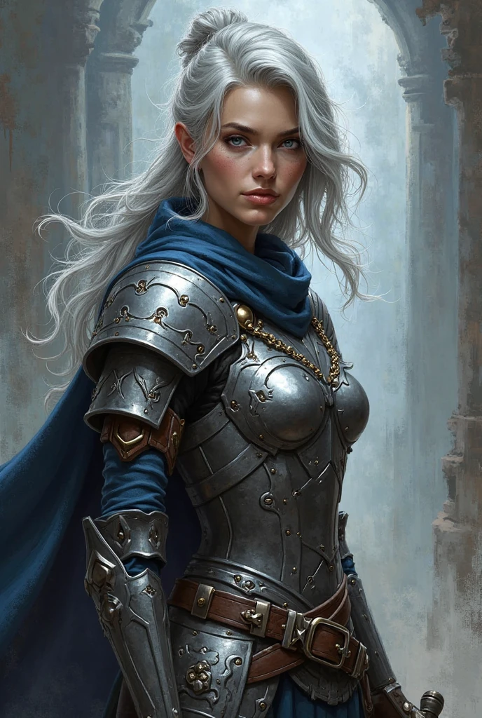 2d art, Keyleth vox machina, White hair, shorth hair, medieval armor, hight contrast, Two-tone lighting, drawning, d&d, arte 2d cleriga, drawning, vox machina art