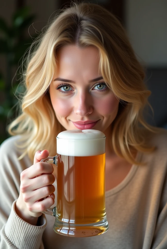 Close-up excellent image quality 4k quality without defects of a beautiful German blonde of about 1 ,almond-shaped green eyes,smooth and pretty tanned skin in traditional Octoberfest attire and two jugs of foamy beer in her hands offering it to the public