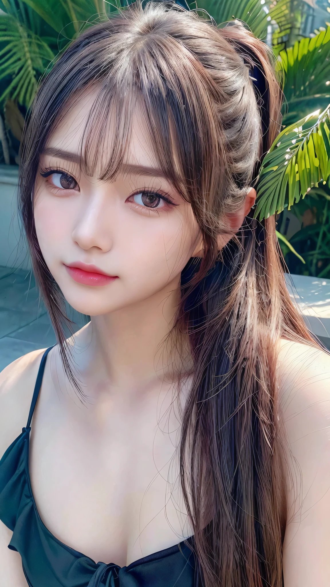 Beach,resort,white bikini,Close-up of face,Blushing,Facing forward,Close-up of face,Small breasts,,Long hair ponytail,((8K, Raw photo, Best Quality, Mastepiece:1.2), (Realism, Photorealistic:1.4), (Highly detailed 8K wallpapers), Depth of written boundary, Cinematic Lighting, Soft Light, Detailed Beauty Eye,Shiny and smooth light brown ponytail, Asymmetrical bangs, Shiny skin, Ultra-detailed skins ,It is high resolution., High detail, Detailed hairstyle, Detailed facial beauty, Hyper-realistic, Perfect limbs, Perfect Anatomy ,1 Japanese girl,Famous Japanese Idols, Perfect female body,A shy smile,Short eyelashes,Double-edged eyelids,Look straight here,Hair style: ponytail,Close-up of face