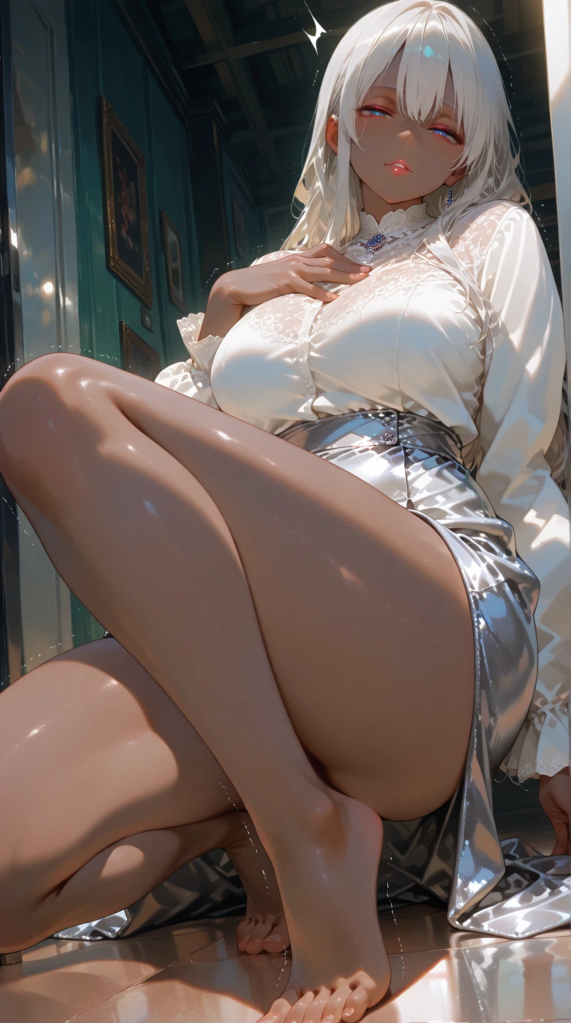 Pose with both legs open to reveal crotch