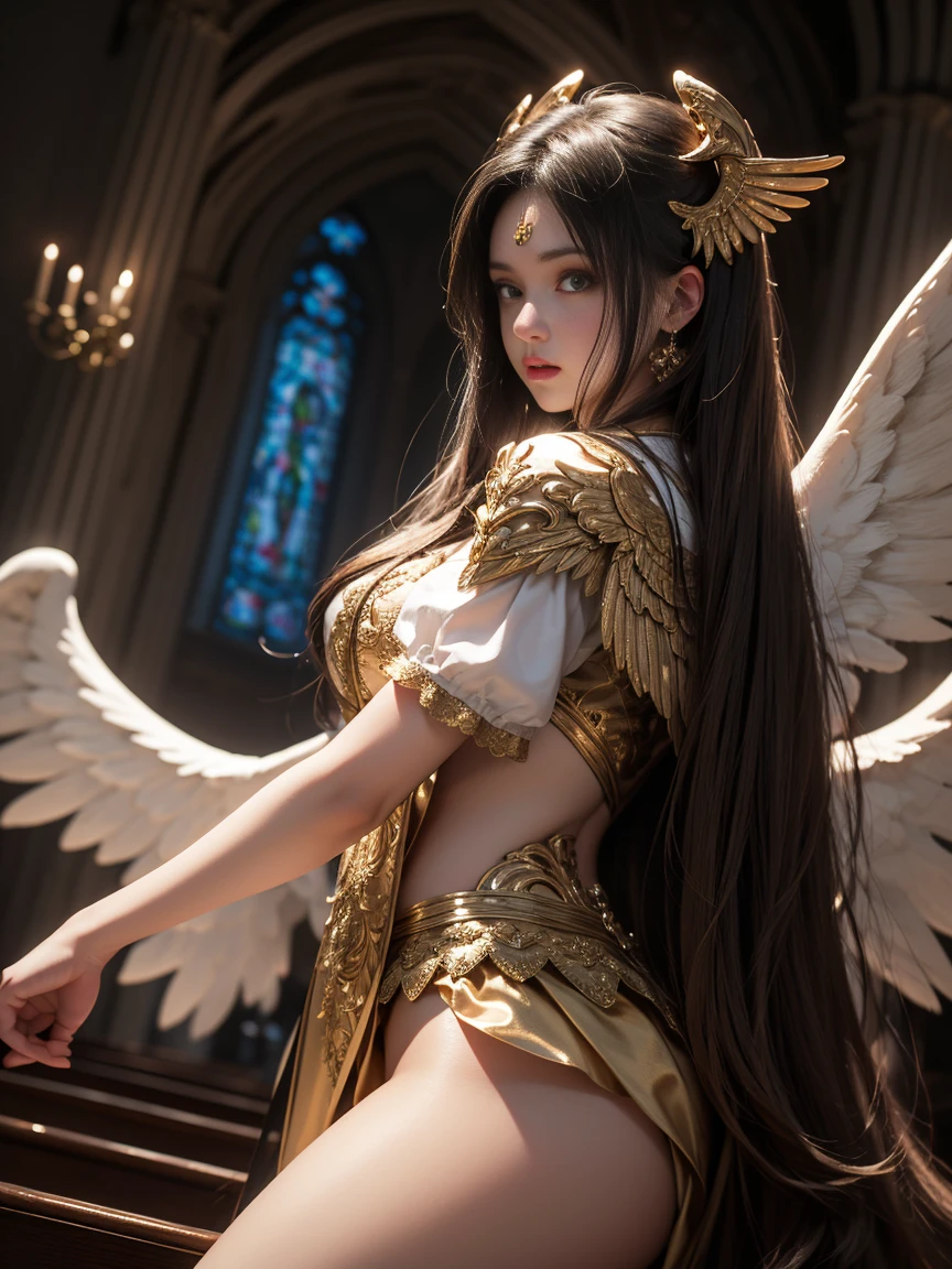 Arab woman dressed in a golden bikini and angel wings posing for a photo, beautiful female angel, anjo majestoso de full body, of Beautiful angel, Beautiful angel, angelic golden armor, elegant golden body, of an Beautiful angel girl, Beautiful Goddess, Golden Wings, smooth golden skin, golden asas, a stunning and ethereal young figure, elegant golden skin, Beautiful angel girl portrait, 
([long hair hair]:1.8), (full body:1.8), (upper body up:0.3), (hyper-realistic:1.4), (realistic:1.3), (best quality real leather texture), detailed eyes, detailed face, Persephone, (sfw:1.5) Hyperrealistic, LESS saggy breasts, (small breasts:1.5), (huge legs:1.5), (LESS THIGHS:1.5), perfect legs, perfect legs, pernas added, pernas added e perfeitas, toned legs, toned thighs, pernas added, Smooth thighs. (erotic pose:1.5), (Thick eyebrows:1.2), (big purple eyes:1.2), (ultra detailed eyes:1.4), (High resolution eyes:1.1), (ultra detailed skin texture:1.4), (Beautiful toned body:1.1), hair bow, (moist skin:1.1), (sensual face:1.5),
