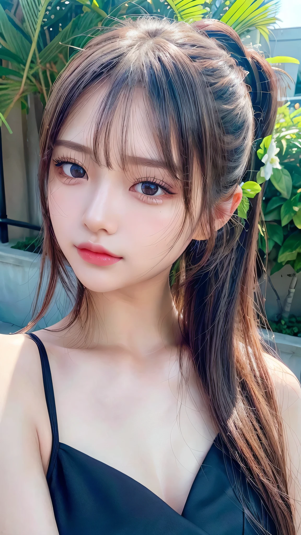 body shot,Outdoor,Black micro bikini,resort Beach,Ultra-detailed, finely detail, hight resolution, 8K Wallpaper, Perfect dynamic composition, Beautiful detailed eyes,,Close-up of face,,Blushing,Facing forward,Long hair ponytail,((8k, Raw photo, Best Quality, Mastepiece:1.2), (Realism, Photorealistic:1.4), (Highly detailed 8K wallpapers), Depth of written boundary, Cinematic Lighting, Soft Light, Detailed Beauty Eye,Shiny and smooth light brown ponytail, Asymmetrical bangs, Shiny skin, Ultra-detailed skins ,It is high resolution., High detail, Detailed hairstyle, Detailed facial beauty, Hyper-realistic, Perfect limbs, Perfect Anatomy ,Of Japanese,Famous Japanese Idols, Perfect female body,A shy smile,Short eyelashes,Double-edged eyelids,Look straight here,Hair style: ponytail,