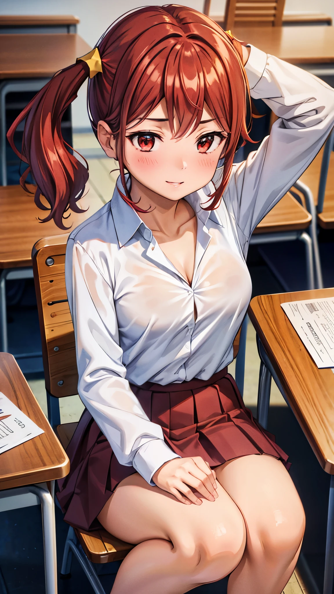 （super quality,super high resolution,16k,Super Masterpiece,Ultra HD ,detailed shading and background,）Upper body shot from above,Sexy high school girl,twin tails,white shirt with the sleeve turned back,The Valley of the Chest,red miniskirt,white panties,cover,smile,Open your lips a little,squatting,Extend your knees a lot,In the classroom, raise one hand,
