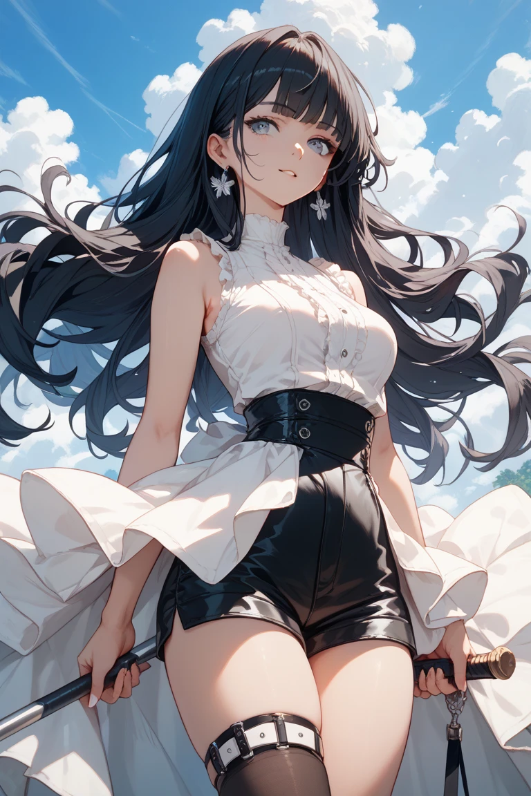 Female, 20 years old, short black wavy hair、bangss、Puffy nipple、(black Turtleneck Knit)、(Blue long skirt), Black stockingedium milk, cute smile face、((Poses that emphasize the buttocks、turned around))、sexy hips、Black High Heels、Big necklace、((((the wind blew my skirt, expose my panties...))))、(Light black lace panties)、Cute earrings、(Tilt your head slightly)　Photorealistic flushed cheeks