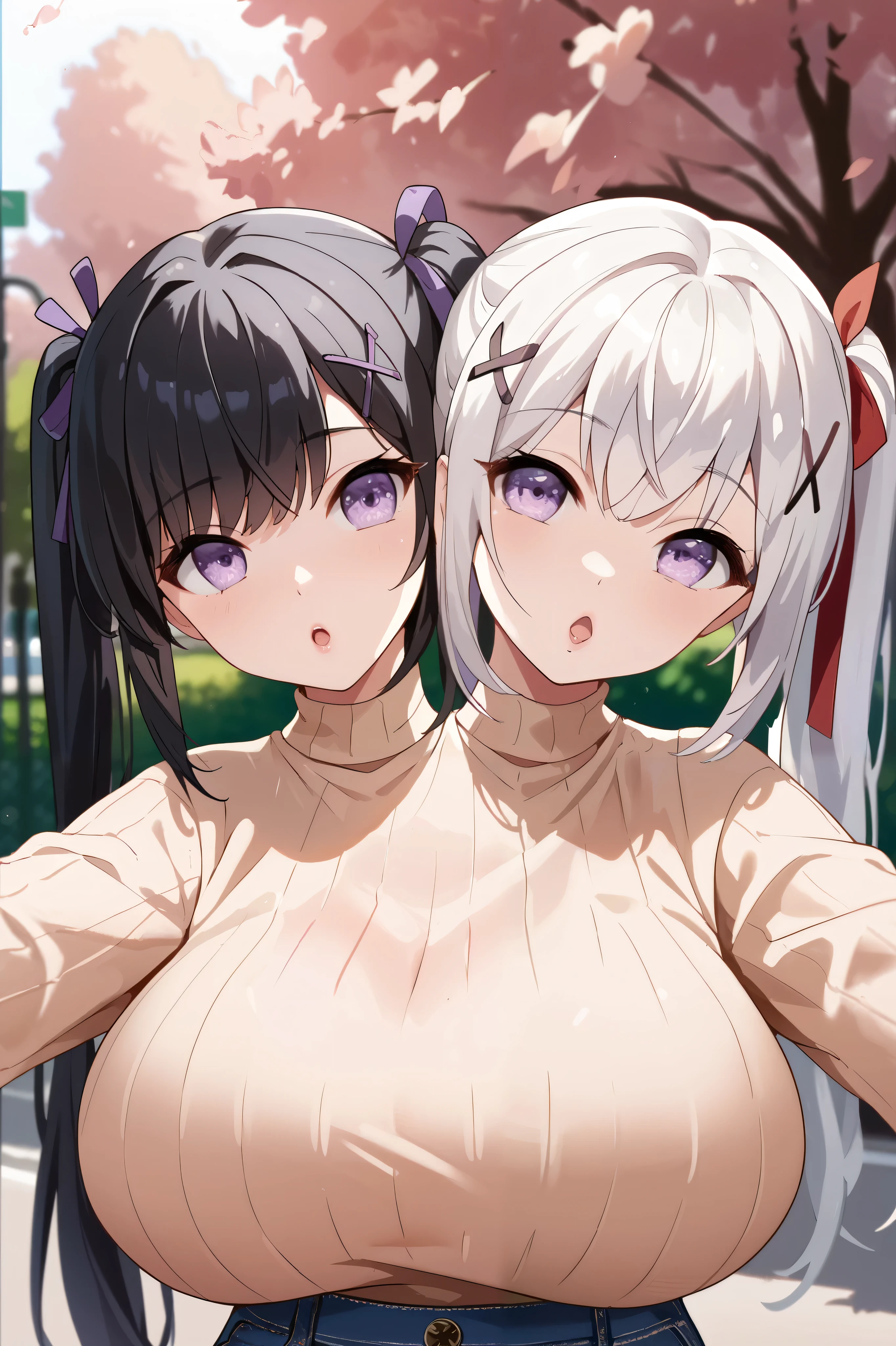 conjoined, 2girls, 2heads, two heads, a tall thin girls with 2 heads, twintails, x hair ornament, hair ribbon, white hair, black hair, purple eyes, huge breasts, front shots, upper body, beige sweater, jeans, park