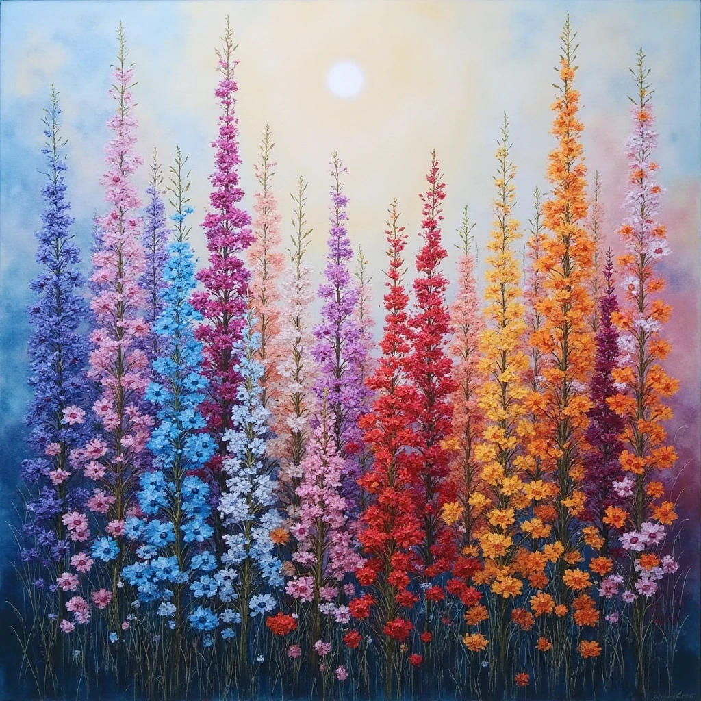 Design an abstract oil painting that illustrates a sea of wild flowers ...