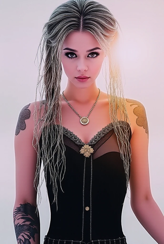 create an aphrodite sitting on top of the symbol of the sign of virgo her features are serious and rigid and resemble the queen of swords from the tarot just below her collarbone is tattooed the words: Venus in Virgo