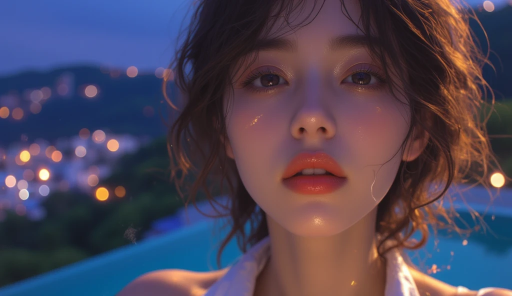 8k, masterpiece, best quality, Beautiful Korean Women, High Angle, length, dark, hair, big, chest, bikini, discreet , kneel, city, Empty scrapers, water, Hills , night, night空, night景, star, rooftop, pool, Clear color , ナイトpool