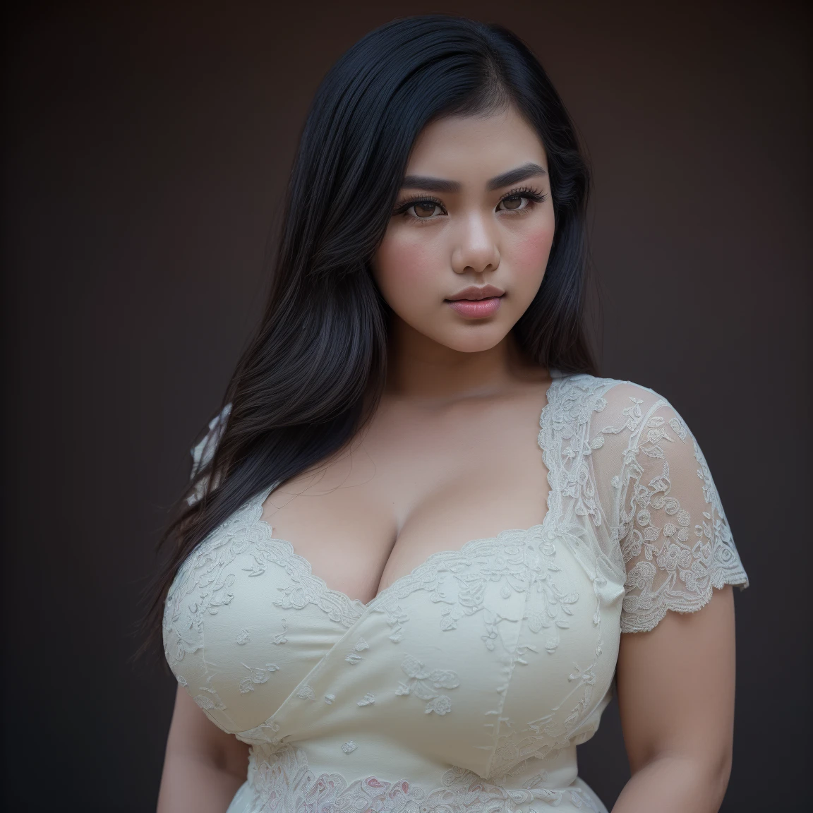 Wina Dana Riniy, WDR, 1girl, sexy, Gigantomastia breasts, cute girl fave, long brunette hair, exotic, erotic, thick, curvy, busty, voluptuous, chubby, poris district background, Lightroom, kodak 160, photorealistic,