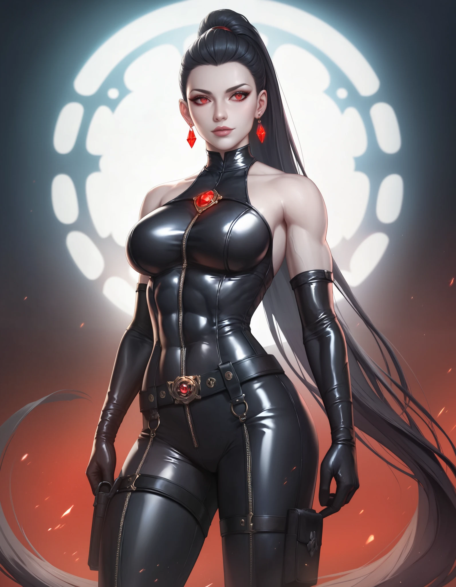 female black strapless latex , black belt, black long tight pants, black holsters, racerback,  shoulders, long elbow gloves, black gloves, toned arms, beautiful faces, black ponytail with showing forehead, long ponytail, earrings, soft smooth skin, pale skin, dark corridor background, red eyes, sci-fi, high contrast, assassin, evil face, very high quality, very high detail, 4K resolution