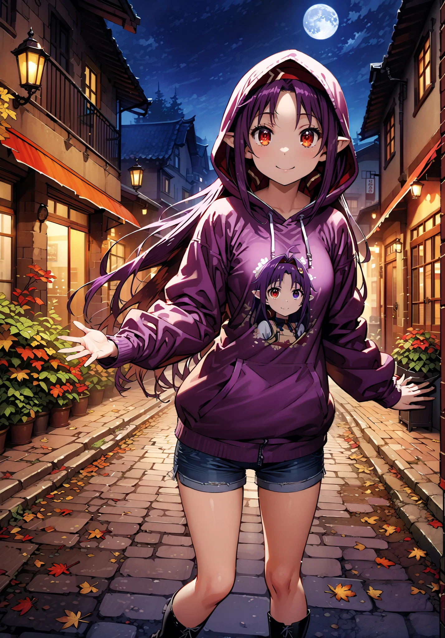 yuukiKonno, Konno Yuuki, pointy ears, purple hair, Red Eyes,long hair,smile,cover,Close Mouth,purple oversized hoodie , Denim Micro Shorts ,Bare legs,boots, hood up ,autumn,autumn leaves, night, full moon,is standing,put both hands in the hoodie pocket so it fits into the illustration,綺麗なnight景, Beautiful Streetscapes,so that my whole body is in the illustration,break outdoors, garden,
break looking at viewer,full body,
break (masterpiece:1.2), best quality, high resolution, Unity 8k Wallpaper, (Illustrations:0.8), (Beautiful Detailed Eyes:1.6), very detailed face, So that it fits into the illustration, very detailed CG, full body photo,( curved body, Perfect anatomy from a seashell),