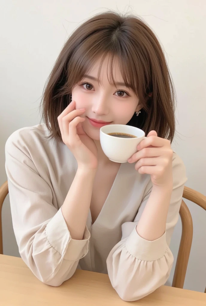 top-quality、8K、Beautiful Korean Woman、年轻、full body Esbian、iced coffee、cafes、Light makeup、long、A smile