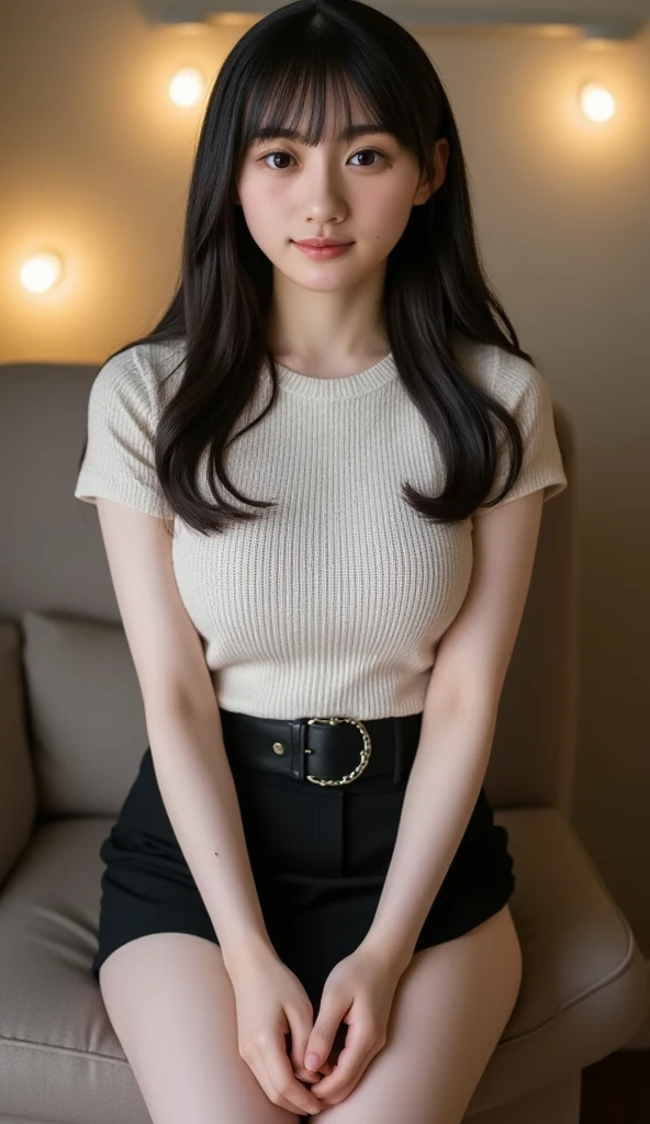 Lover's rental house,English conversation tutor,((full body)),((photo)),((best qualtiy, 8K, tmasterpiece:1.3)), Focus:1.2, perfect figure beautiful girl:1.4,1girl,cowboy shot,look at viewer, eyes facing the camera,incredibly absurd, beautiful and cute girl with a photorealistic face, showcasing top-quality craftsmanship, A half-Japanese, half-American woman sitting at a low table in a client's room teaching English, 23 years old, long brown wavy hair with long bangs, swept to the side, in a low ponytail, large light brown eyes with double eyelids, long eyelashes, small nose, plump pink lips, white teeth, impressive smile, gentle atmosphere, fair and smooth skin, plump rosy cheeks, well-defined facial features, glamorous, feminine curves, medium build, long fingers, narrow shoulders, slim waist, large G-cup breasts, silver-rimmed glasses, white blouse, tight black skirt, beige scarf, silver necklace, ring, watch, half-Japanese, pretty older woman, pretty, glasses suit her, cute voice, kind, stubborn, considerate, serious, responsible, curious, positive, June