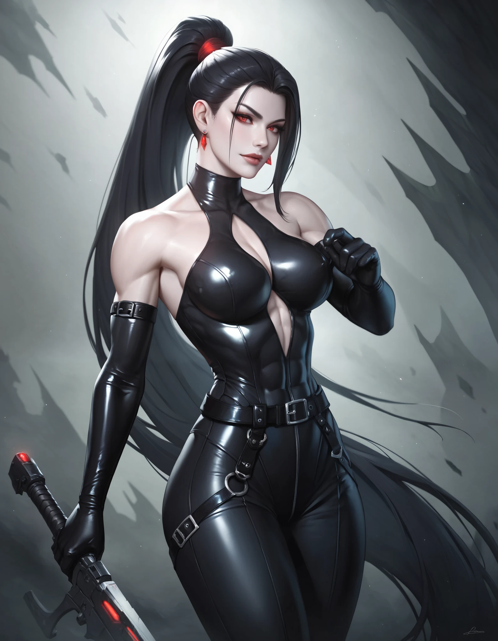 1 woman, beautiful girl, long black hair, shiny, red eyes, looking at the viewer, full body framed, ninja, ninja woman, sensual ninja, dangerous ninja, very realistic light skin, wearing ninja outfit, pants, with black metal parts with sparkle, sword in hand, night, in the shadows, sneaking