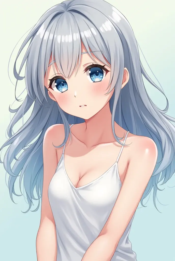 A cute girl with silver hair and small breasts drawn in anime style with blue eyes