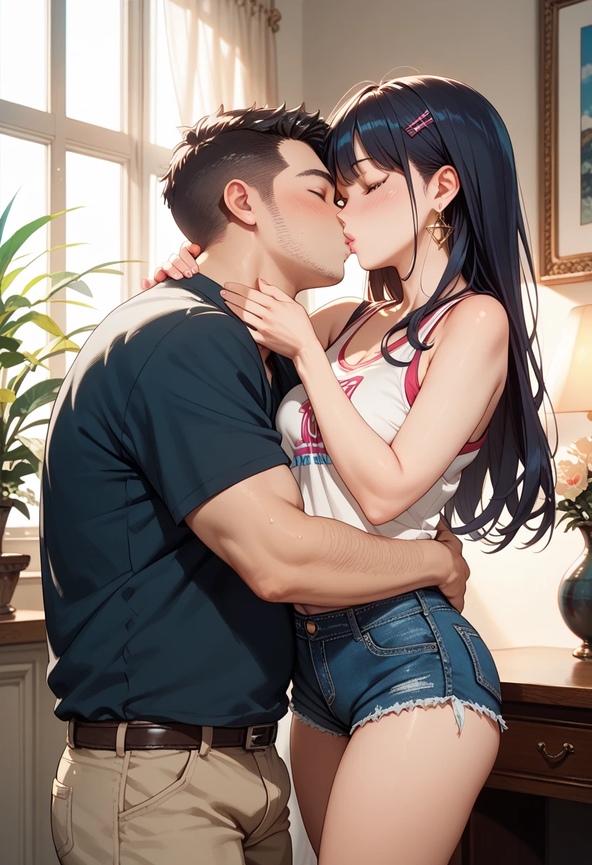(top quality, masterpiece:1.2), 8k, (1 girl 1 boy ), sexy, cowboy shot, anime girl, Female College Student Kissing Man, hotpants, tank top, man and woman hugging, Fat Middle Aged Man in Suit