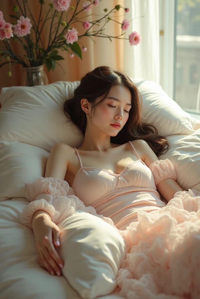 The eyes of a young, beautiful Japanese woman in the sex industry sleeping quietly in bed. Focal length 100mmf/2.8, spring night, bedroom on the upper floor of a high-rise apartment, dark blue sheets and blue blanket, quiet night, well-shaped face, profile, long hair, closed eyes, toned body, with lace decorations A pink blouse and a subdued brown skirt, transparent skin, close-up of the eyes, an overhead view, a sense of realism, 8K image quality, the highest quality.