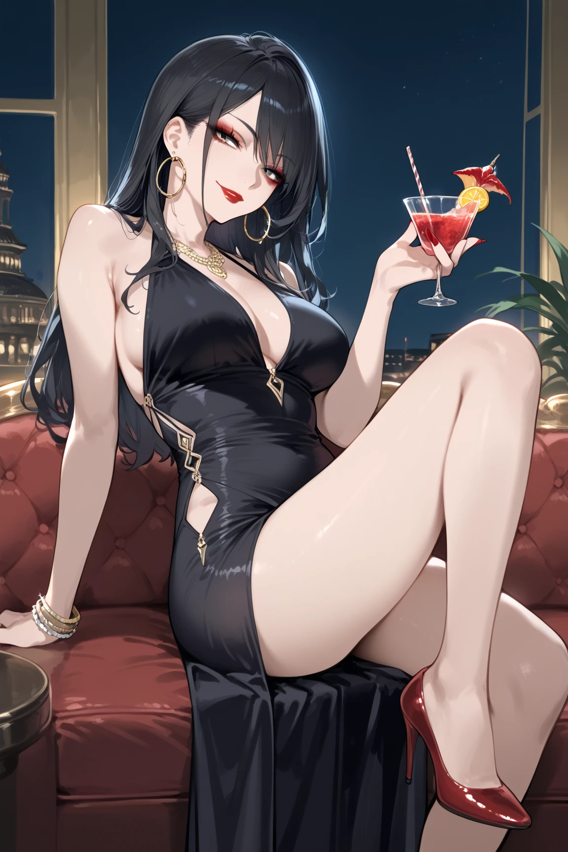 Adult female, milf, busty, hidden hourglass figure, sexy red dress, messy and long black hair, golden yellow irises, defined black pupils, seductive, blushing, casino, drinking wine at bar, sitting at bar, night, perfect eyes, highly detailed, best detail, high quality