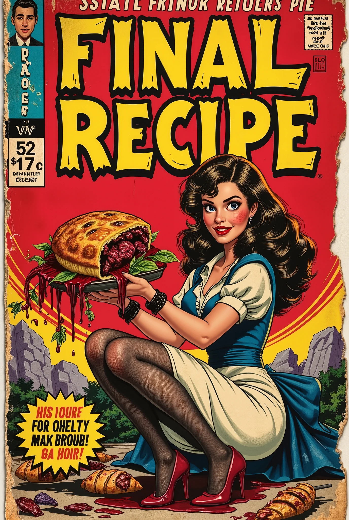 Vintage 70s romance comic book cover called "FINAL RECIPE", classic horror font, bold, stroke embossed border, show price of .50 cents and publisher logon, gory fiction, satirical horror, torn, worn, collector's item, pretty woman holding a human meat pie., wearing vintage clothing, nylons, high heels, comically evil atmosphere, blood, body parts, 70s aesthetic, noir vibe, lurid vivid colors, bold colors, detailed, erotic, NSFW, lurid and vivid colors, detailed, intricate, pen and ink, cross-hatching pen and ink, Graham Ingels, Bernie Wrightson, Wally Wood, Frank Frazetta, Neal Adams, Steranko, Jack Davis, classic horror comic aesthetic, Italian fumetto, sexual taboos, dark, terrifying, detailed, HD, 8x