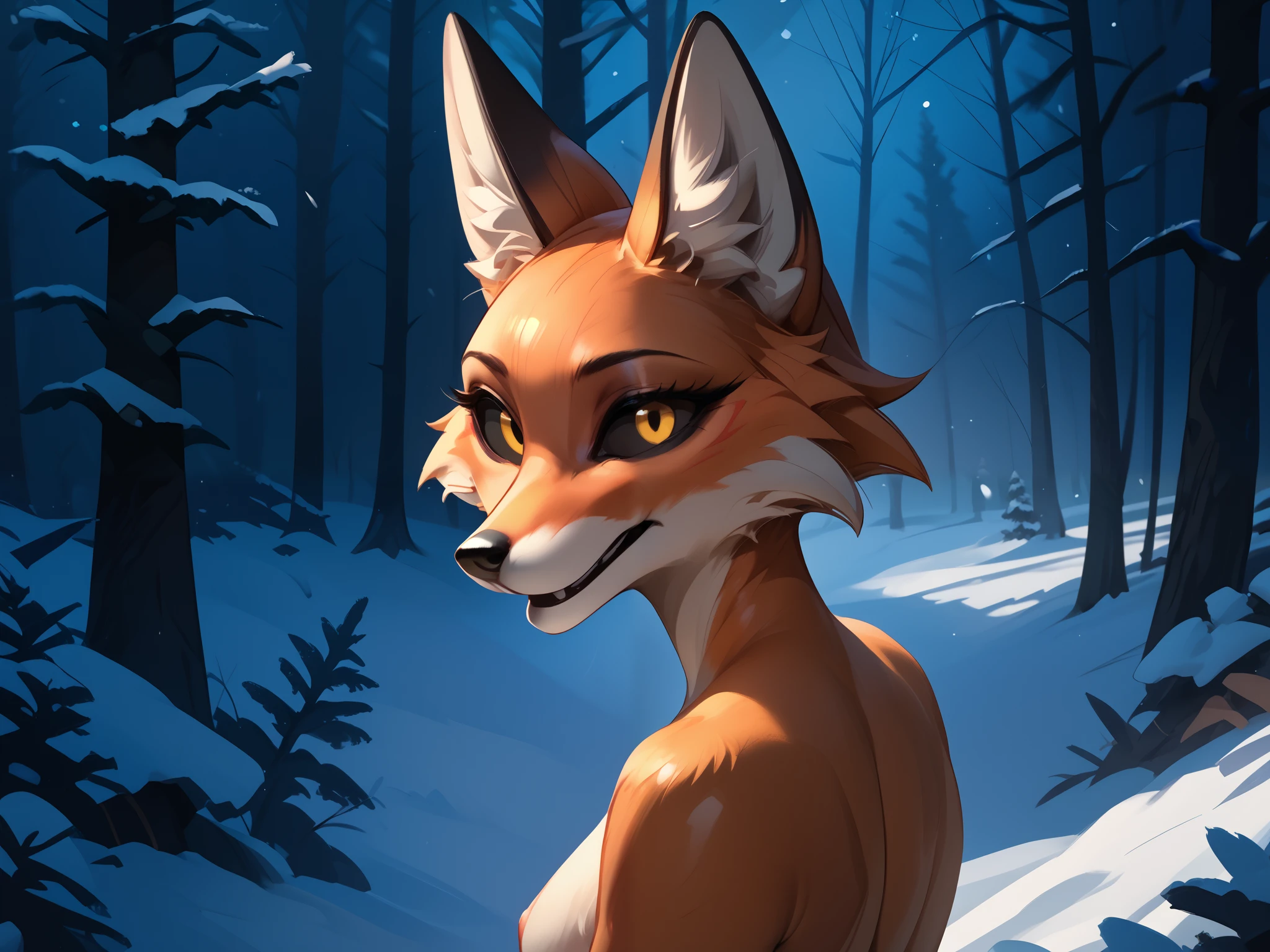 night forest plain, winter, fox, black eye sclera, yellow eyes, nude, arched her back up