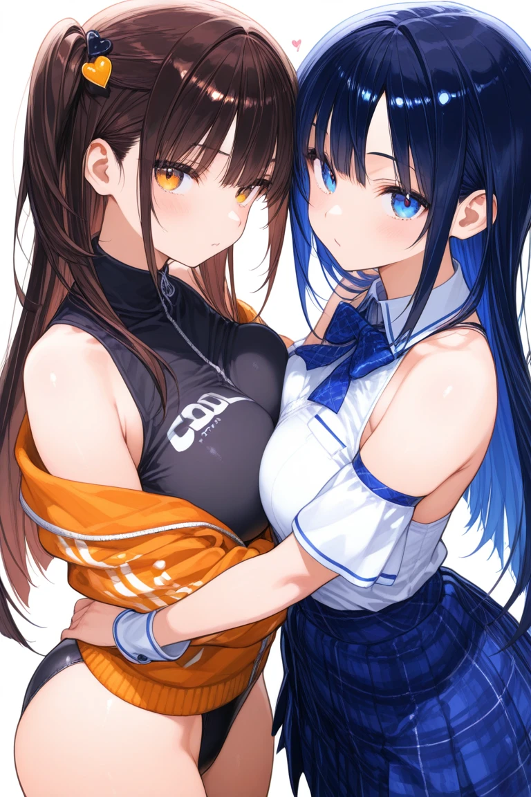 hug each other2people,Follow-up force,have your neck licked,sweaty,beautiful girl,saw 2, blue eyes, black hair, Low twintails and short cut, medium , frown,blush,Black tight suit, streak,