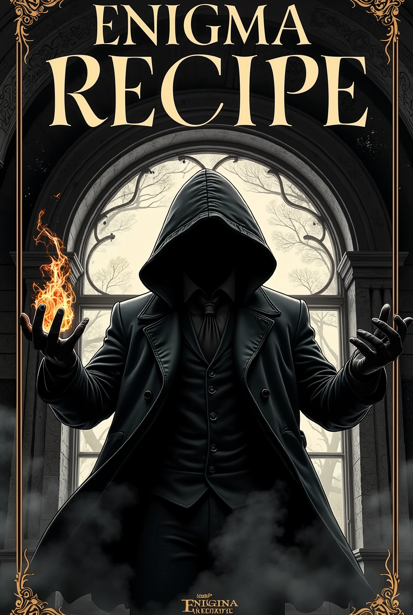 Create a classic and elegant book cover for Enigma Temebris’s splatterpunk novel “FINAL RECIPE". The design should be inspired by old detective novel covers, using a bold serif font for the title, similar in style to the covers of “Sherlock Holmes”, with a monochromatic color scheme dominated by deep black. The primary color scheme should feature shades of black, with subtle touches of dark gray and soft white to create depth and contrast. In the center, incorporate the silhouette of KILLER with a magic flame in his hand, evoking an air of mystery and sophistication in a hoodie with a hoodie on. He is dressed in hi-tech clothing in the style of modern futurism and cybertech. Above the silhouette, display the author’s name, “Enigma Tenebris”, in bold capital letters, forming an elegant arch to serve as a header. Keep the layout minimalistic yet striking, ensuring that your title and imagery capture the mysterious, enigmatic atmosphere of the novel.
