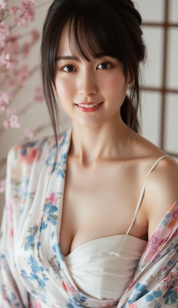 (high resolution、high quality、High resolution、detailed、8k、masterpiece)、超A high resolution、(Photorealistic:1.3)、RAW Photos、((Ultra-Realistic Details))、Portrait、Global Illumination、Shadow、Octane Rendering、8k、Super sharp、Beautiful breasts、Beautiful Eyes、非常に複雑なdetailed、Realistic Light、CGSoation Trend、ネオンのdetailed、The light is gentle、1 girl、Bewitching Charm、Super long hair that reaches below the waist、Hime cut、Enchanting Japanese red kimono、An emotional presence、(A dimly lit room in a samurai residence、In the back is a Japanese garden)、((Amazingly cute))、少しsexy、Healthy Body、22age、wide shot、full body、It feels like you're really there、Dignified、Hidden Past、sexy、smile、Glowing Skin、A pose that really gets men excited、Transcendently beautiful face、The light of the lantern、barefoot、Oiran