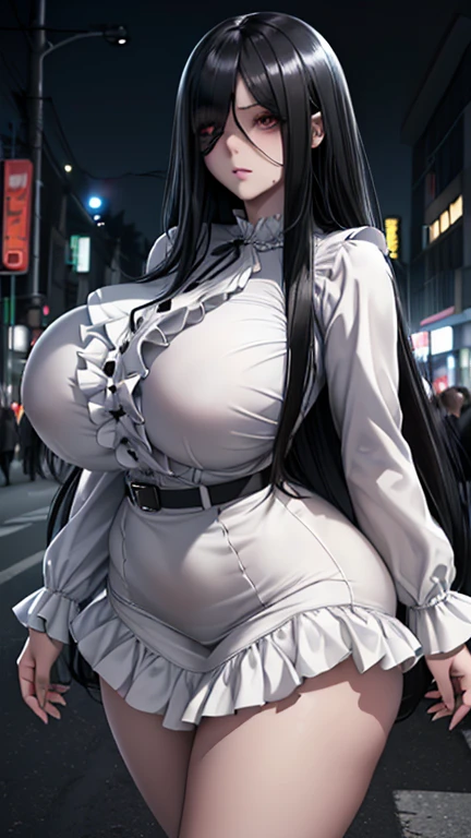 Woman, adult, 35 year old, bountiful breasts, Bblack hair, long hair, hair up, walking bunda, long robe, torn dress, Glued dress, black gown, great cleavage on the breasts, dark dress, gothic, Woman gothic, Woman bountiful breasts, walking on the street during the day, massive boobs