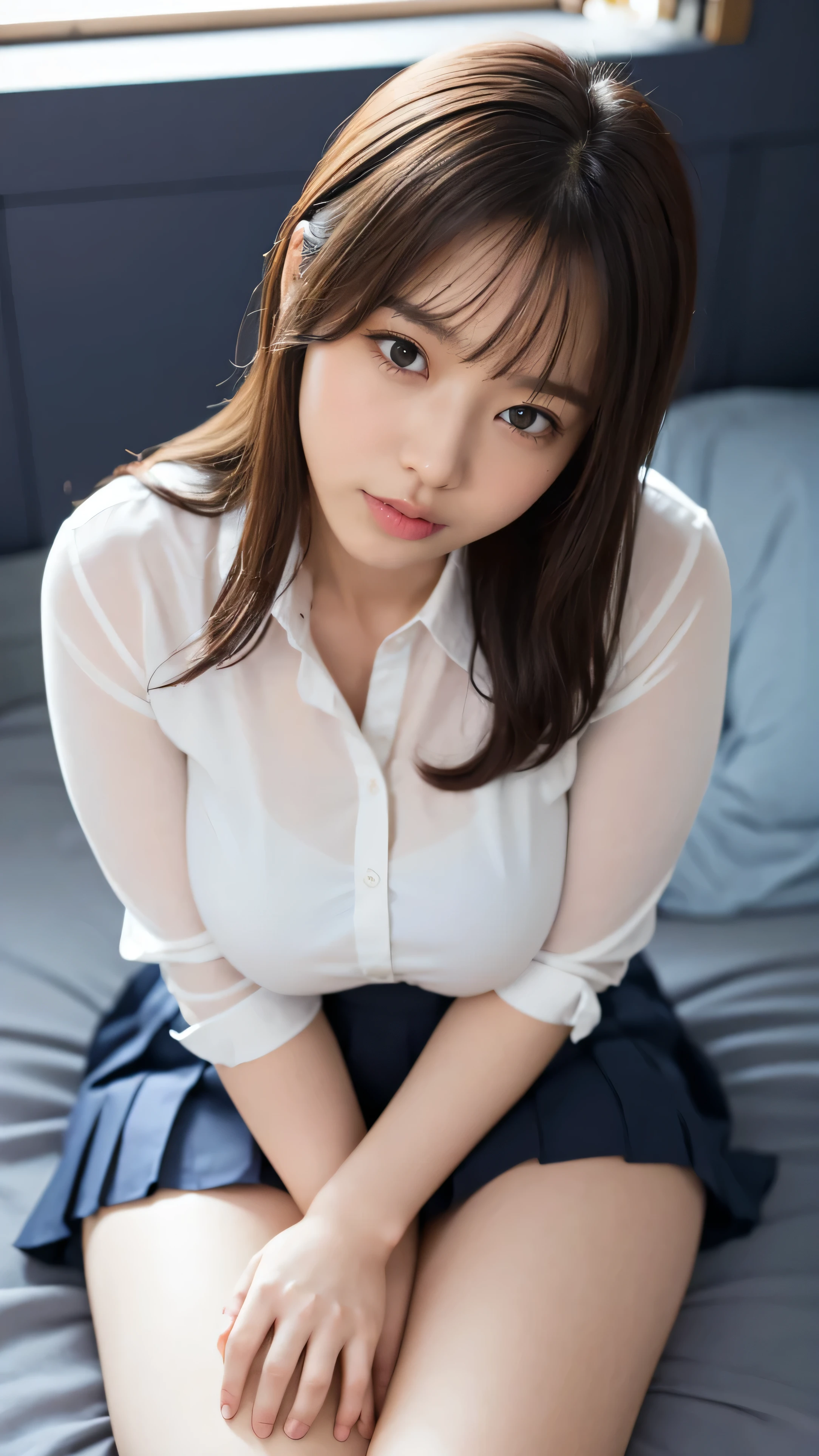 Big Breasts、((Japanese woman)) , (( Transparent white shirt))、(Curvy Body)、 sensual expression、((angle from above))、lightly 、I'm staring 、on the bed、 looks up 、(dark blue pleated skirt for indoor floor) 、((high school uniform))、((胸のgap ))、(view from above、 gap)open your mouth,