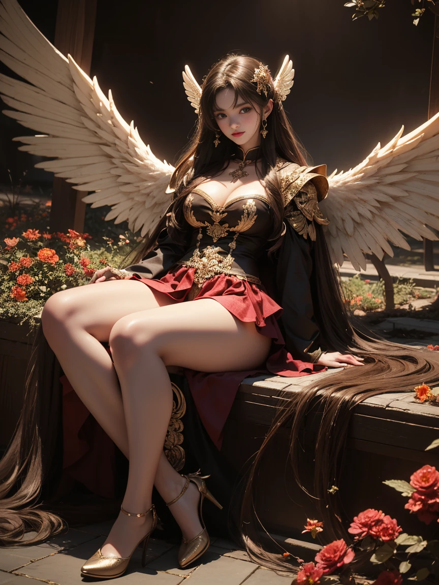 (best quality,8k:1.2,high resolution:1.2),ultra-detalhado,Realistic,vintage godess female,long black straight hair,rosto extremamente detalhado,long eyelashes,big white angel wings,soft dark red dress with gold details,cleavage,suntan pantyhose,metalic accessories,Physically-based rendering,sharp focus,white neutral background
