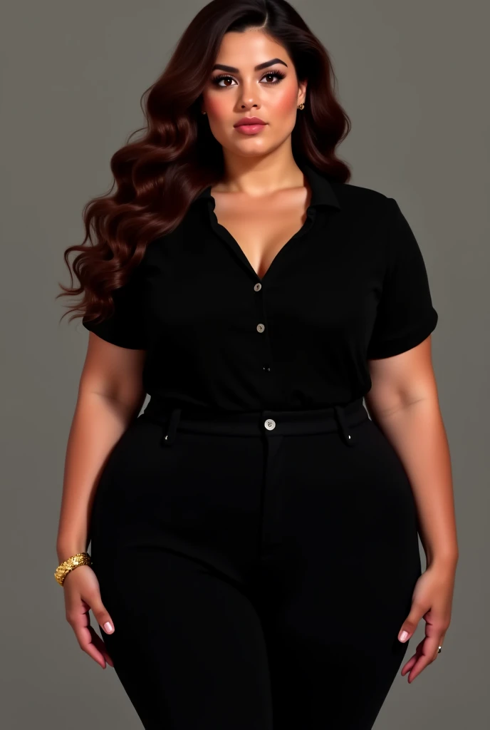 Tall chubby woman black DKNY shirt white round face black pants