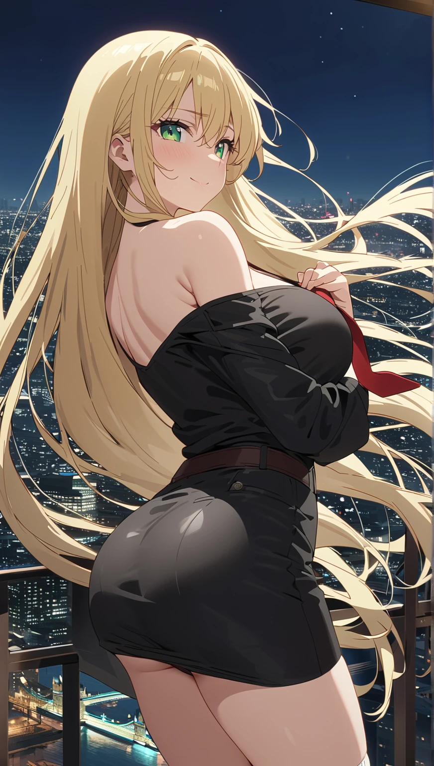 (masterpiece, top quality:1.5), (nsfw:1.2), handsome face , reliable leader , chairman, kind expression, beautiful girl:1.2, alone:1.3, ( blonde hair:1.2), (long hair:1.2), straight hair , ( :1.2), long hair, Big Breasts, thick butt, is tall, dark green eyes ,smile:1.5, (:1.3), leather jacket, black shirt, Pleated Miniskirt, red tie , black miniskirt, no panties, White knee socks, lace up boots,Stunning views of London, amazing view , bright 色ful background, (wind:1.3), in the night, anime screencap, open clothes, show shoulder, strap slip, pull down skirt, black panties around one leg,