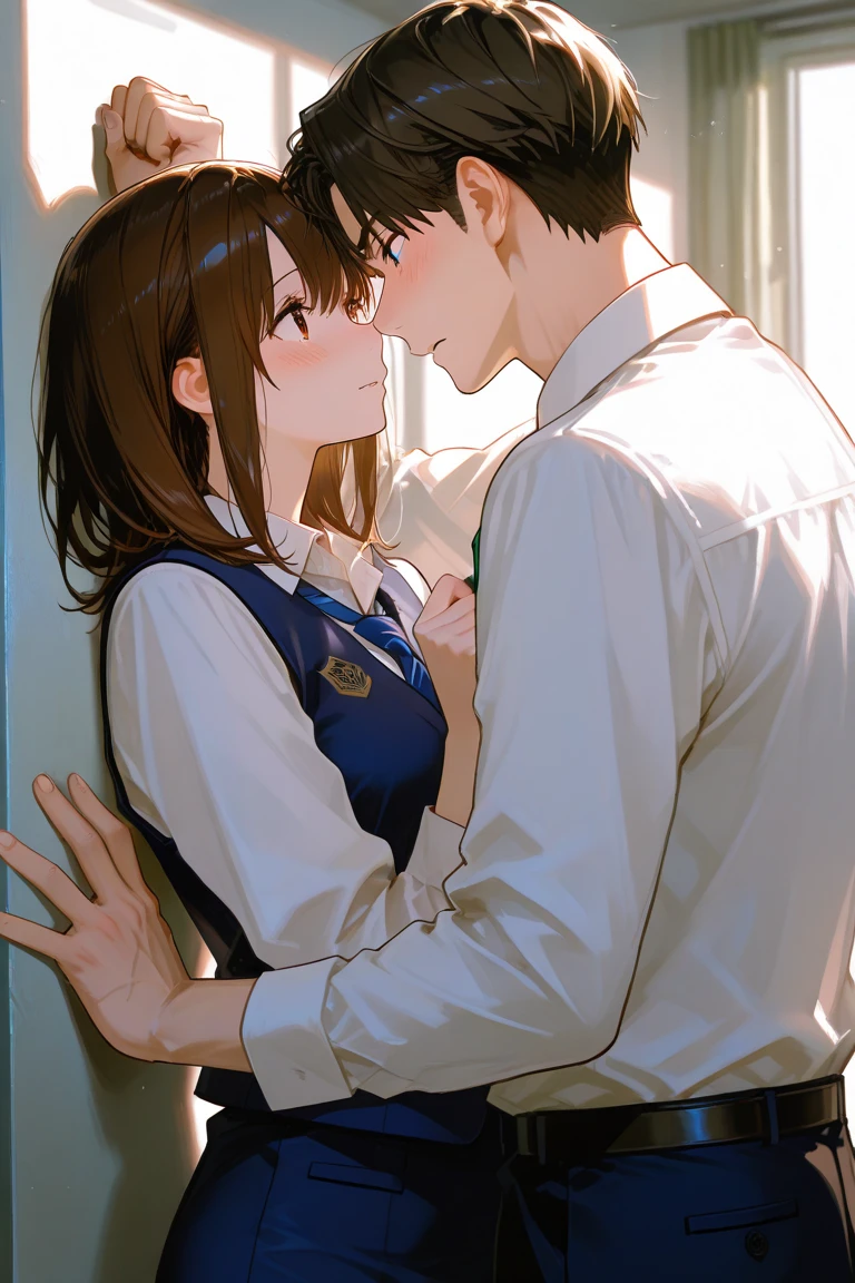 Background: Midnight Express Station, (top-quality, Best Quality), (1 Mature males, kiss),Left Hand Touch Wall, heterosexual, 1womanl, hug, middlebreasts,From Side, Cowboy Shot, BREAK, girl with, in a business suit , (Black Suit:1.1), White collared shirt, Blue tie, Tartan plaid skirt, Brown middle hair, Chestnut hair with tinted inside,split-color:1.25),Closed eyes, (Dreamy,Melty look:1.3).