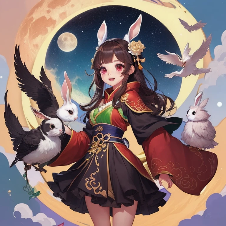 Style-GHL,dutch_angle, From front, full body,best quality,( masterpiece,ultra detailed 8k art), 1girl, solo,Fluffy body,Fluffy,(fluffy best hands:0.7),(anthro),focus 1,furry rabbit female,(Close up 1 cat girl:0.7),:3,rabbit ears, <lora:character-NIKKE_BBNoir-robes:0.9>, brown_fur, long_hair, brown_hair, hair_up, red hair flower, fur_collar, two-tone kimono, thighhighs, standing, night_sky, starry_sky, full_moon, bamboo_forest, bare_shoulders,