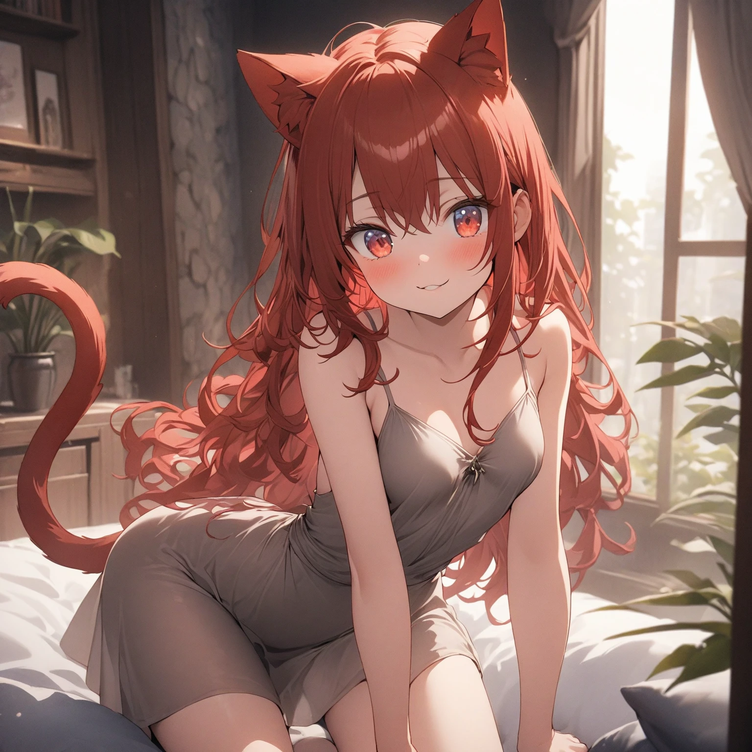 a young 11 year old girl with red hair, cat ears and tail, blue eyes, sweet, cute, petite, quiet, shy