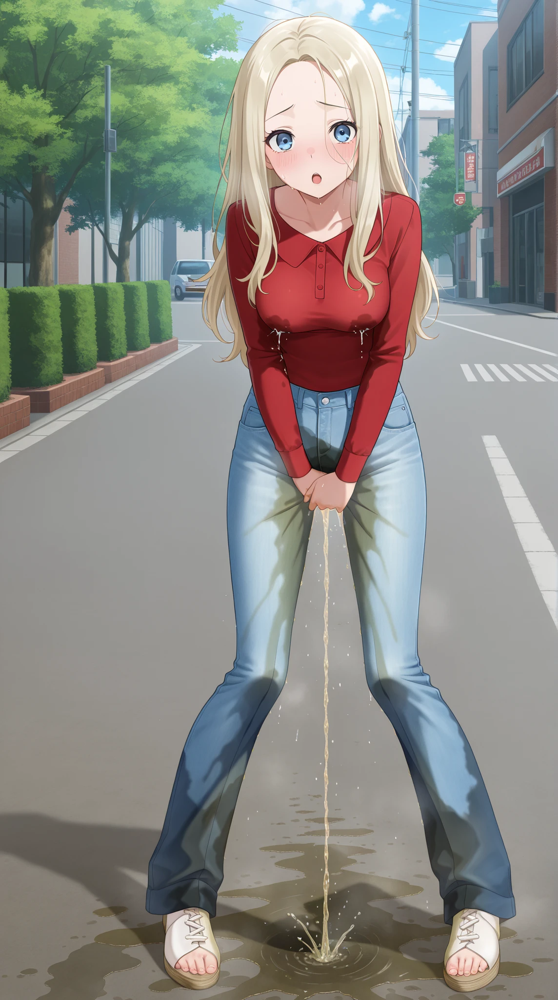 masterpiece, best quality, amazing quality, 1girl, youthful female, beautiful eyes, lovely long hair, forehead, (lactation), medium breast, skinny body, (wetting herself), (desperation), (peeing), large wet pee stain, pee stain visible on her pants, (blue denim pants), casual outfit, footwear, looking at viewer, outdoor setting, :O, full body, Fashion photography, (anime screencap:1.2)