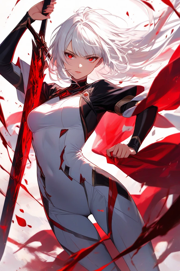 ((best quality)), ((masterpiece)), (detailed), perfect face, Artoria ((Fate)), beautiful face, beautiful body, cold gaze, red eyes, glowing eyes, detailed eyes, white hair, detailed hair, holding sword, black sword, weapon, realistic, fighting style, red glowing sword, black aura, red aura, black particles, red particles, black armor dress, bettlefield, chaos, flames, red light, ((best resolution)).