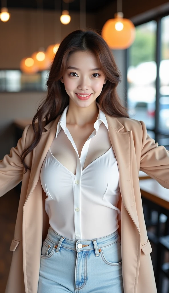 (((masterpiece, high quality, 最high quality, beautiful, High resolution, Perfect lighting, Detailed face, Detailed body, In detail、A body with the correct skeletal structure))), Large parks、Natural light、Japanese women、Long Straight Hair、細部へのbeautiful配慮, cute、smile、White shirt、Cleavage:1.5、Above knee-length skirt、(Wear a checked flared skirt)、(Hold up your skirt with both hands:1.5)、wear sexy panties(Show me some panties)、Embarrassed face、Front Angle、Shot from above the knees、Looking into the camera