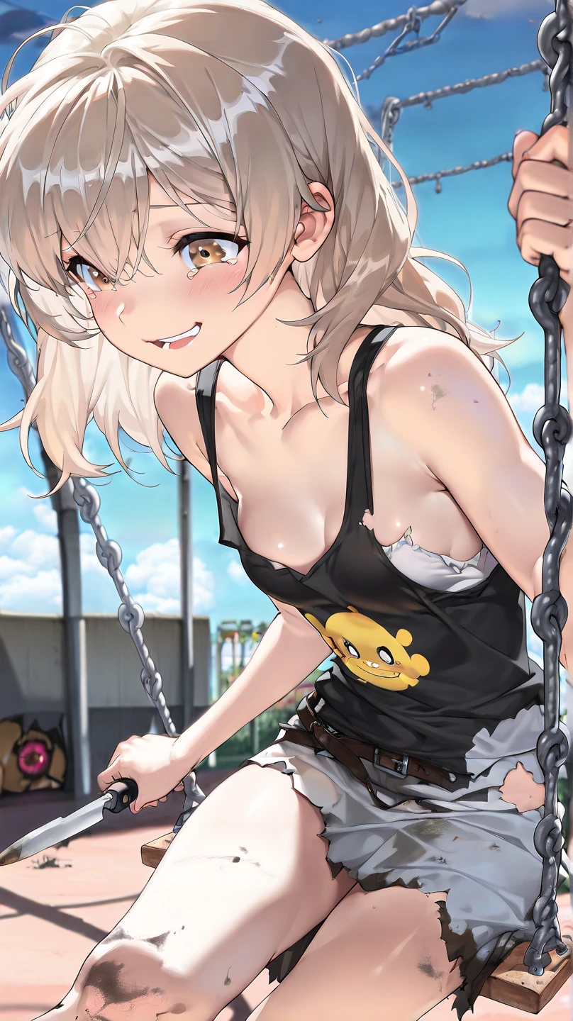 ((Masterpiece)), ((best quality)), (Anime:1.4), (super detail:1.2), (High Definition:1.3), (Professional Photography:1.3), (wide shot), (sharp focus), (perfect light), ((12 years old)), ((1girl)), put on cat ear, fullbody, (pastel color), (watercolor), white back ground, cute, sharp teeth, open mouth wide, (blush), ((scowl face)), ((Break-dance pose)), (Tattered crop top), denim shorts, pale brown hair, wavy long hair,