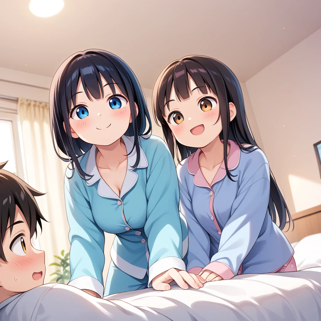 Absurd resolution, high resolution, (masterpiece: 1.4), super detailed, (((detailed face, detailed expression)), two girls, girl and girl, friends, best friends, classmates, relaxing, ponytail, bob, sitting on bed, sitting on the floor, two people conversing, background in room, friends, best friend, home, 1K, small room, curtains, bed, TV, desk, room wear, kyoto animation, The atmosphere of Kyoto Animation, (tearful)